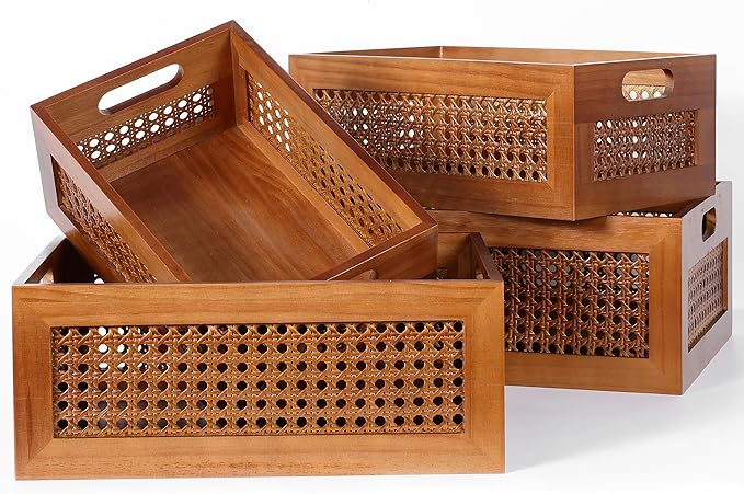 Wooden Storage Basket Set of 4 Handmade Rattan Drawer Storage Box with Frame & Handles Decorative Natural Bamboo Woven Bins Rustic Farmhouse Decor Home Office Tabletop Shelf Organizer