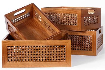 Wooden Storage Basket Set of 4 Handmade Rattan Drawer Storage Box with Frame & Handles Decorative Natural Bamboo Woven Bins Rustic Farmhouse Decor Home Office Tabletop Shelf Organizer
