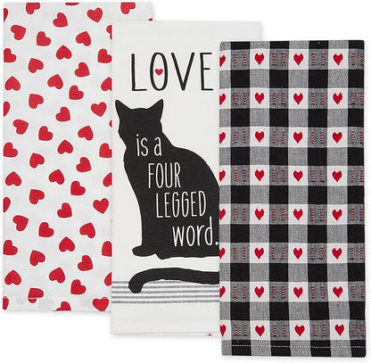 DII Valentine Dish Towels Set of 3 Cat Love Decorative Kitchen Towels 18x28
