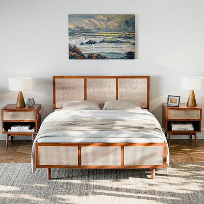 Bme Nancy Signature Bed Frame, Queen Bed Frame and Headboard Unique Geometric, Mid Century Modern, Solid Acacia Wood, No Box Spring Needed, 12 Strong Wood Slats Support, Easy Assembly, Dark Chocolate