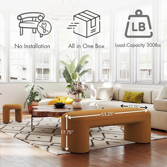 3-Piece Nesting Upholstered Bench with 2 Stools, 53" Chenille Accent Chair Waterfall Bench Modern End of Bed Entryway Bench Bedroom Bench for Living Room Vanity, Burnt Orange, No Need to Install