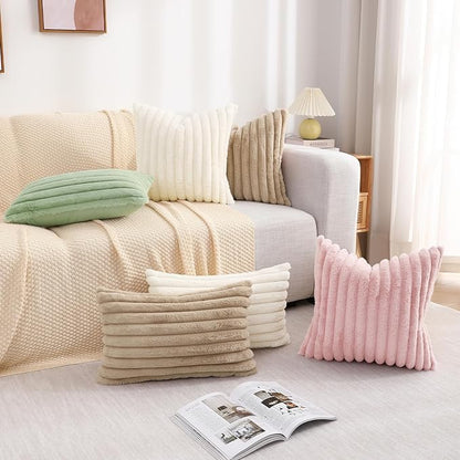decorUhome Faux Fur Throw Pillow Covers 12x20 Set of 2, Decorative Soft Plush Striped Lumbar Neutral Euro Pillow Covers with Velvet Back for Bed, Living Room Home Decor, Grey