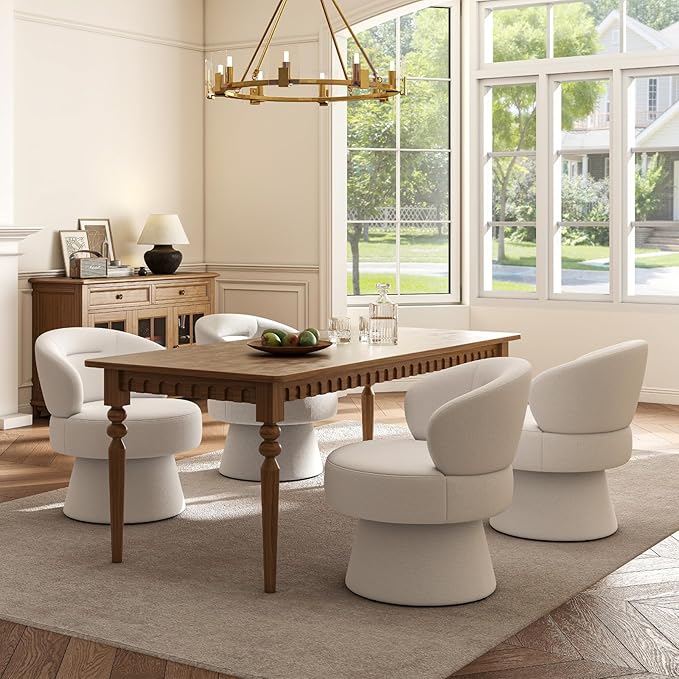 360° Swivel Accent Chairs Set of 2, Modern Chenille Upholstered Boucle Dining Chair with Back, Vanity Chair Accent Armchair Side Chairs for Dining/Living Room, Bedroom, White