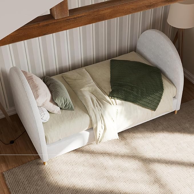 DG Casa Boucle Cloud Daybed Frame with Arched Side Panels, Upholstered in Cream White Fabric, Twin Platform Bed Frame with Solid Wood Legs – Boho or Modern Style – No Box Spring Needed