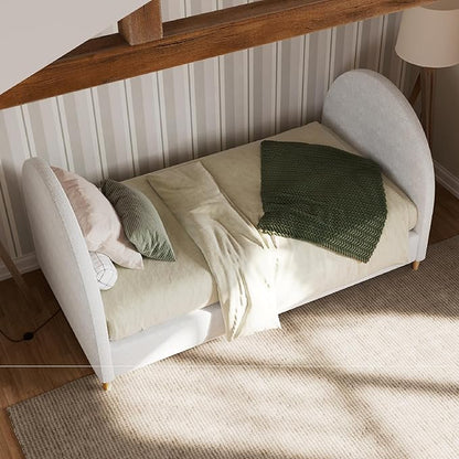 DG Casa Boucle Cloud Daybed Frame with Arched Side Panels, Upholstered in Cream White Fabric, Twin Platform Bed Frame with Solid Wood Legs – Boho or Modern Style – No Box Spring Needed
