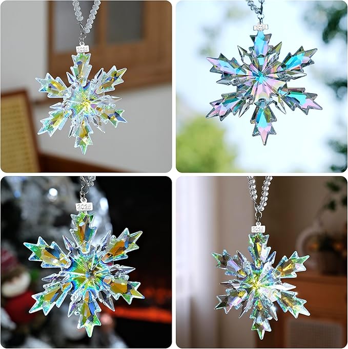 2025 Annual Christmas Ornaments Crystal Snowflake Star, Clear Multi Color Faceted Crystal with Tone Metal Accents and Rayon Ribbon-New Year Christmas Tree Ornament Wedding Party Window Hanging Decor