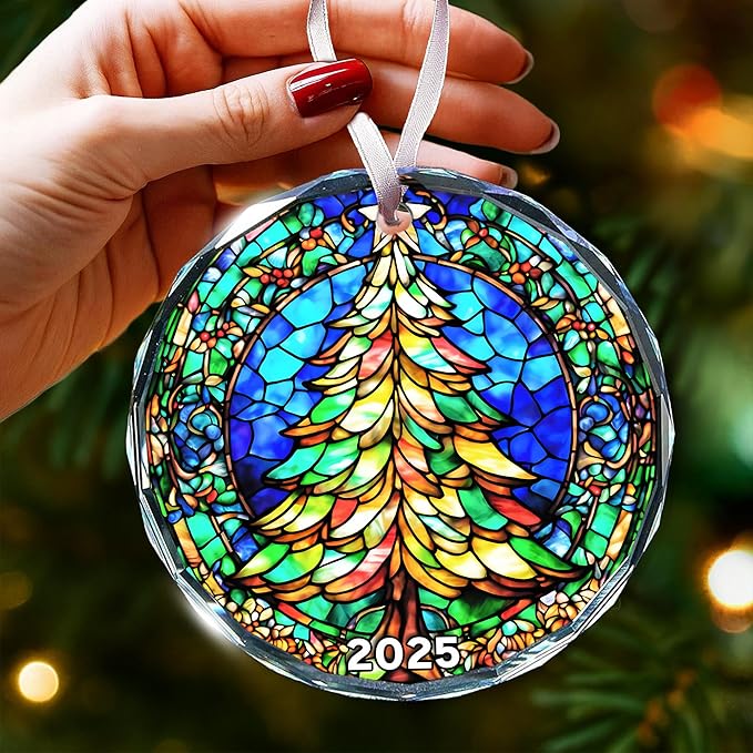 Unique 2025 Christmas Ornament - Stained Glass-Inspired Christmas Ornament for Holiday Décor, Dated Christmas Ornaments for Family and Friends, Premium Holiday Keepsake Gift
