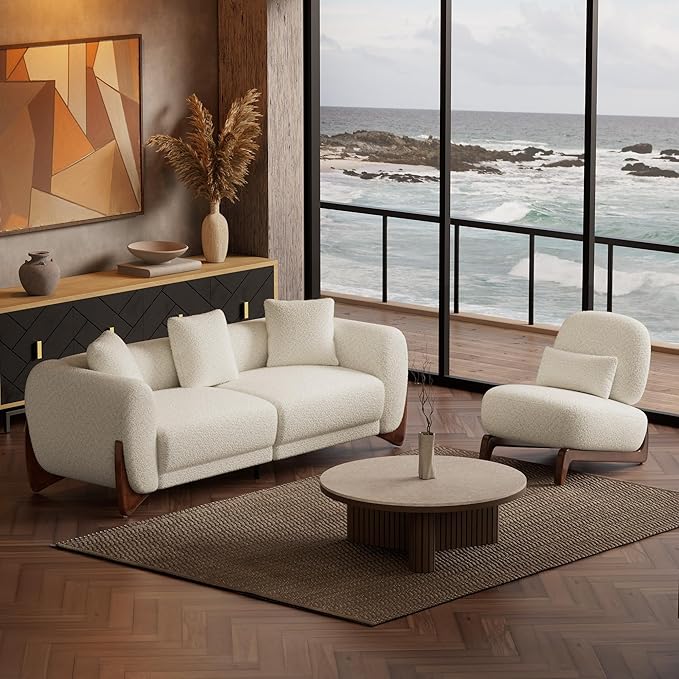 Morden Fort 2 Piece Boucle Sofa Set, Modern Upholstered Couches Sofas Set Durable Comfy Boucle Pet-Friendly, ArmlessChair & 3-Seater Sofa Sets for Living Room Bedroom Apartment, Beige