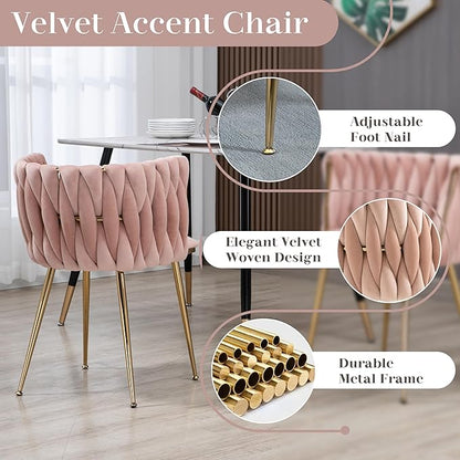 Golden Round Dining Table Set for 4, 39'' Clear Glass Top Dinner Table Set, 5 Pieces Modern Luxury Circle Kitchen Table and Pink Woven Chairs Set, Small Circular Dinette Set, for Apartment