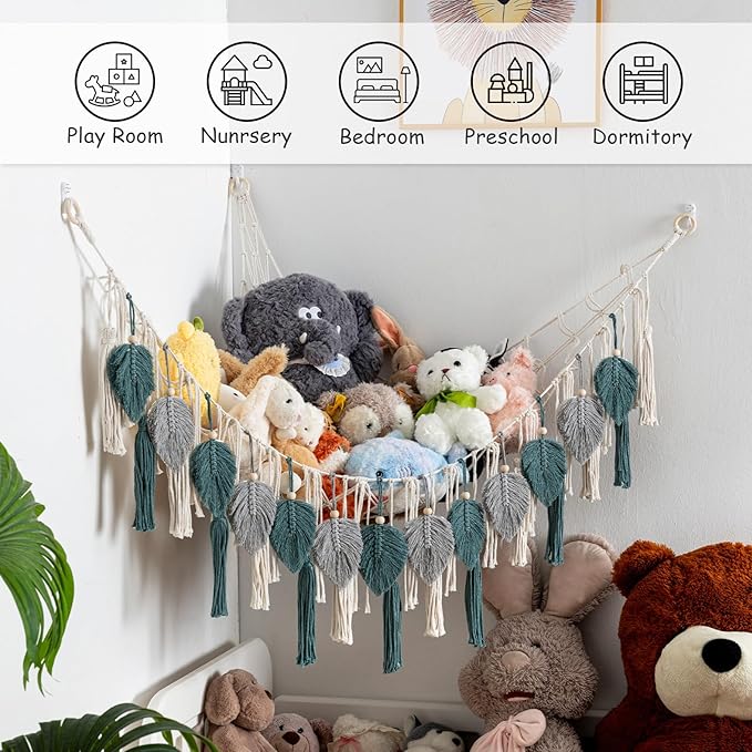 Pretty Jolly Stuffed Animal Storage with Hand Woven Leaf Tassels Hammock Corner Hanging Net Boho Macrame Plush Storage for Kid Room Nursery Decor Wall Display for Girls Gift(Gray&Blue)