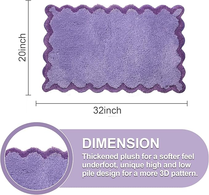 ORTIGIA Cute Purple Scalloped Bath Mat, Fun Plush Microfiber Scallop Bathroom Rugs Non Slip Washable Quick Dry Absorbent, Bath Rug for Shower Stall Vanities Kitchen Floor Entrance, 20x32