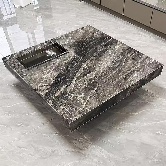 Modern Coffee Table for Living Room, 43.31" Large Square Living Room Table Gray Sintered Stone Tabletop with Black Stainless Steel Legs,Center Table for Home Office