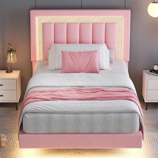 HOMBCK Floating Twin Bed Frame with Smart LED Lights, Faux Leather Upholstered Platform Bed with Diamond Headboard, No Box Spring Needed, Noise-Free, Easy Assembly, Pink