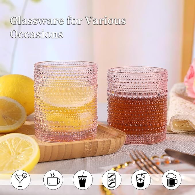 Pink Drinking Glasses Set of 4, 10 oz Hobnail Drinking Glasses - Pink Vintage Glassware for Beer, Cocktail, Soda, Juice, Coffee and Various Mixed Drinks