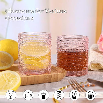 Pink Drinking Glasses Set of 4, 10 oz Hobnail Drinking Glasses - Pink Vintage Glassware for Beer, Cocktail, Soda, Juice, Coffee and Various Mixed Drinks