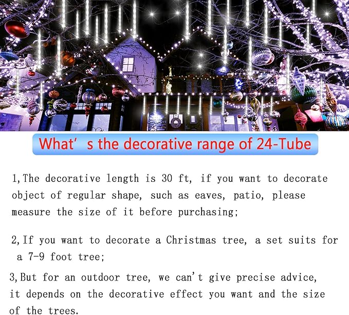Outdoor Christmas Lights: 24Tubes(Equivalent to 3 Sets of 8-Tubes) Purtuemy Meteor Shower Lights Icicle White Christmas Lights Outdoor for Xmas Tree Halloween Decoration Wedding Party Window