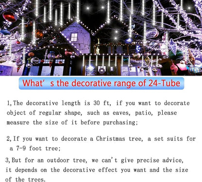 Outdoor Christmas Lights: 24Tubes(Equivalent to 3 Sets of 8-Tubes) Purtuemy Meteor Shower Lights Icicle White Christmas Lights Outdoor for Xmas Tree Halloween Decoration Wedding Party Window