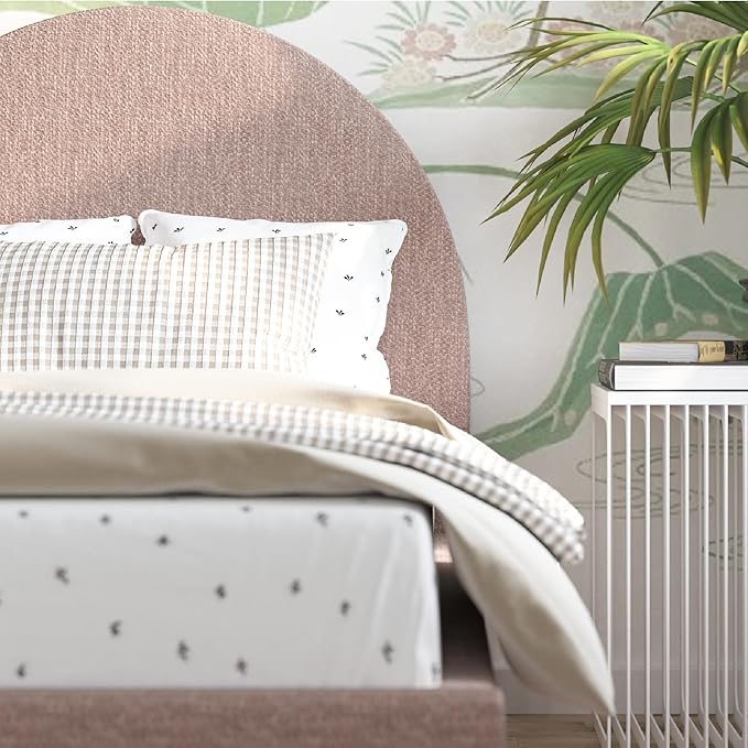 DG Casa Quinn Twin Upholstered Platform Bed Frame, Arch-Shaped Headboard, Solid Natural Wood Legs, Timeless Modern Design, Curved Headboard, Wooden Slat Support System, Blush