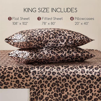MR&HM Satin Bed Sheets with Elastic Corner Straps, King Size Sheets Set, 6 Pcs Silky Bedding Set with 15 Inches Deep Pocket for Mattress (King, Brown Leopard)