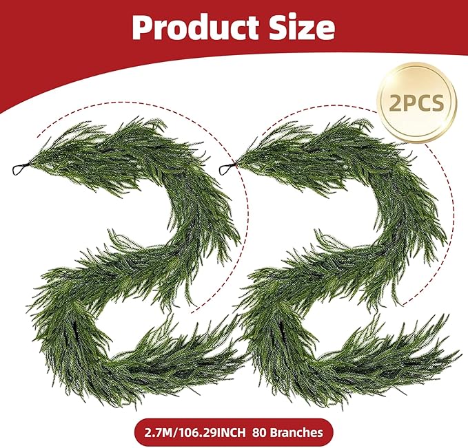 Christmas Garlands 9FT Norfolk Pine Garland 2PCS Realistic Artificial Faux Greenery Garland for Mantle Holiday Indoor Outdoor Fireplace Window Stairs Winter Christmas Decorations