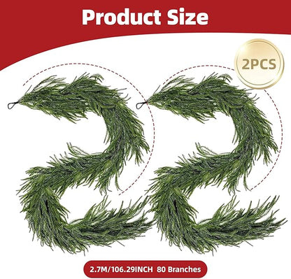 Christmas Garlands 9FT Norfolk Pine Garland 2PCS Realistic Artificial Faux Greenery Garland for Mantle Holiday Indoor Outdoor Fireplace Window Stairs Winter Christmas Decorations