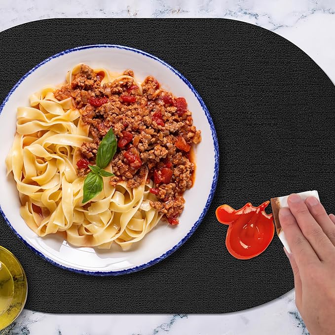 Placemats Set of 12 Washable, Heat Resistant Table Placemats Wipeable Faux Leather Oval Place Mats Non Slip, Waterproof Oval Table Mats for Indoor Outdoor, Black