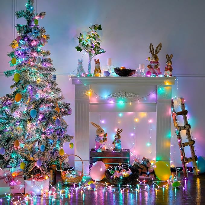 JMEXSUSS 33ft 100 LED Easter Lights for Indoor Outdoor Use, 8 Modes Connectable Easter String Lights Plug-in, Clear Wire Colorful Christmas String Lights Outdoor Waterproof