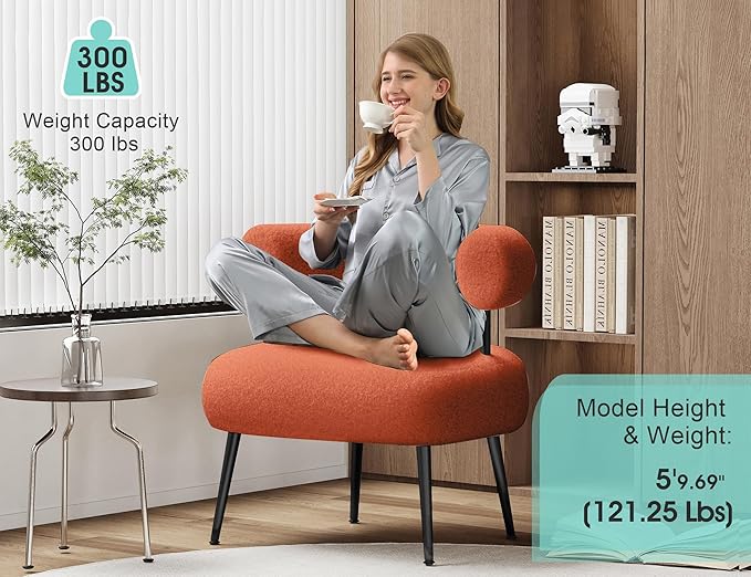 Mid Century Sherpa Boucle Accent Chair, Round Upholstered Barrel Arm Chair for Small Spaces, Fluffy Side Corner Chair for Living Room, Bedroom, Vanity, Office, Reading Nook（Orange）