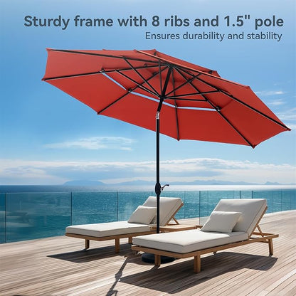 PHI VILLA 10ft Patio Umbrella Outdoor 3 Tier Vented Market Table Umbrella with 1.5" Umbrella Pole and 8 Sturdy Ribs, (Orange Red)（No Base）