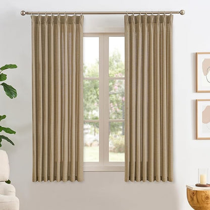 Dark Flax Pinch Pleated Linen Curtains 45 Inches Long Semi Sheer Memory Trained Ripple Fold Curtain with Hooks Back Tab Textured Light Filtering Drapes for Bedroom Living Room 42x45 Set of 2
