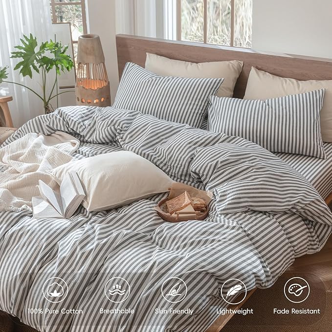 MooMee Striped Duvet Cover Set 100% Washed Cotton Linen Like Textured Breathable Durable Soft Comfy (Dark Grey White Classic Stripes, Queen 90"x90")