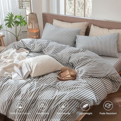 MooMee Striped Duvet Cover Set 100% Washed Cotton Linen Like Textured Breathable Durable Soft Comfy (Dark Grey White Classic Stripes, King 104"x90")