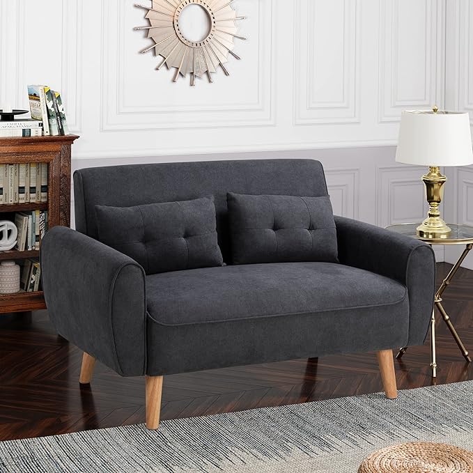 Shintenchi Small Loveseat Sofa Mid Century Fabric Upholstered 2 Seat with Pillows for Small Living Room Studio Apartment, Black