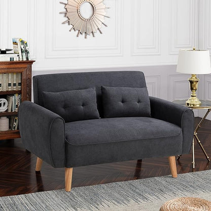 Shintenchi Small Loveseat Sofa Mid Century Fabric Upholstered 2 Seat with Pillows for Small Living Room Studio Apartment, Black