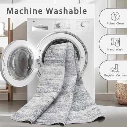 Washable Rugs 8x10 Area Rugs for Living Room,Rugs for Bedroom,Large Carpets,Ultra Soft Faux Wool Retro Dining Room Rug,Non Slip&Non-Shedding Low Pile Vintage Print Rug for Home Office-Grey Cream