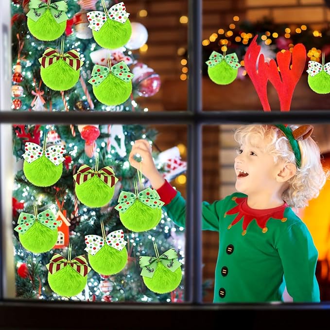 Norme 24-Pack Lime Green Furry Christmas Balls with Bow, 4" Soft Faux Fur Plush Pom Pom Ball Ornaments for Christmas Tree Hanging Decorations Party Fireplace Mantel Wall Decor(Mixed Style)
