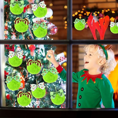 Norme 24-Pack Lime Green Furry Christmas Balls with Bow, 4" Soft Faux Fur Plush Pom Pom Ball Ornaments for Christmas Tree Hanging Decorations Party Fireplace Mantel Wall Decor(Mixed Style)