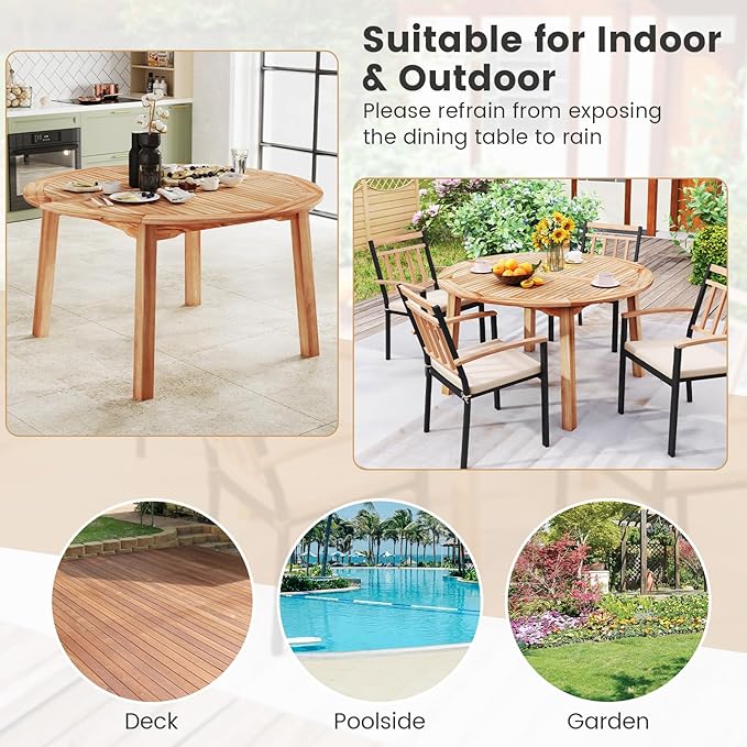 Tangkula Outdoor Round Dining Table for 4-6 People, 53 inch Patio Table with Acacia Wood Tabletop, 2 inch Umbrella Hole, Farmhouse Dining Furniture for Yard, Deck, Garden, Poolside