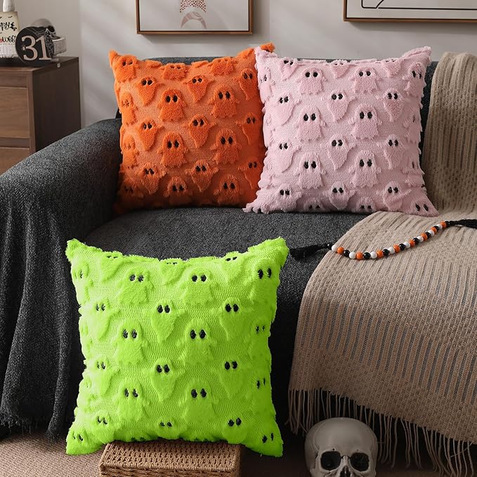 DFXSZ Halloween Pillow Covers 20x20 inch Set of 2 Green Ghost Throw Pillow Cases Soft Plush Faux Fur Wool Cushion Case for Chair Bedroom Living Room Home Decor PTK03Y20