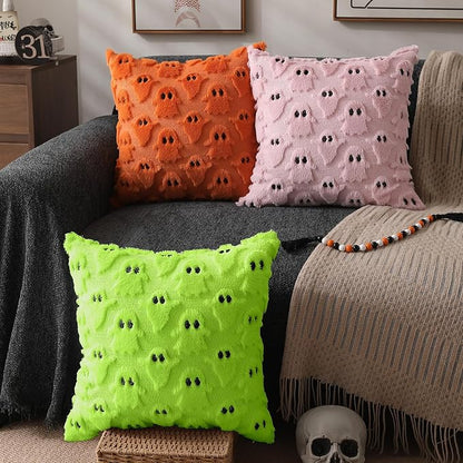 DFXSZ Halloween Pillow Covers 20x20 inch Set of 2 Green Ghost Throw Pillow Cases Soft Plush Faux Fur Wool Cushion Case for Chair Bedroom Living Room Home Decor PTK03Y20
