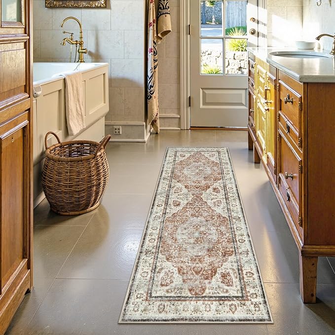 Uphome Bathroom Rugs Runner, Distressed Farmhouse Boho Orange Bath Mat, Non Slip Washable Long Bath Rugs, Vintage Traditonal Soft Velvet Bathroom Runner for Bathtub Sink Shower, 20x60 inch