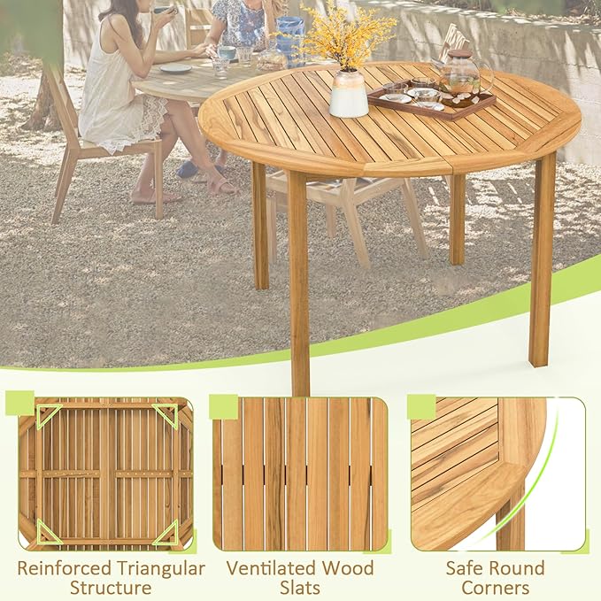 Tangkula Round Outdoor Dining Table, Acacia Wood 4-Person Large Dining Table, Farmhouse Patio Indoor Bistro Table, for Yard Deck Lawn Dining Room