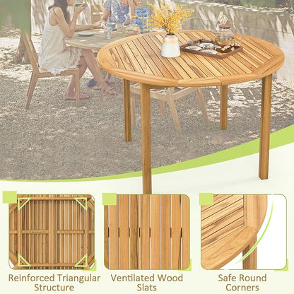 Tangkula Round Outdoor Dining Table, Acacia Wood 4-Person Large Dining Table, Farmhouse Patio Indoor Bistro Table, for Yard Deck Lawn Dining Room