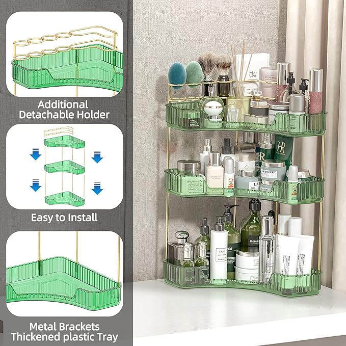 3 Tier Corner Bathroom Organizer Countertop, Vanity Makeup Organizer with Brush Holder, Space-Saving Skincare Storage Corner Shelf for Bathroom, Kitchen