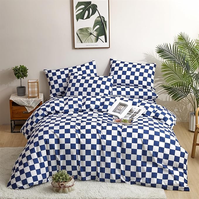 CLOTHKNOW Plaid Twin/Twin XL Comforter Sets Blue White Bedding Comforter Sets Royal Blue White Bed Comforter Blue Bedding Sets Soft