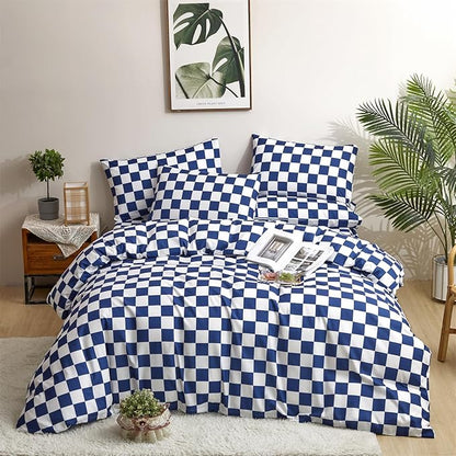 CLOTHKNOW Plaid Twin/Twin XL Comforter Sets Blue White Bedding Comforter Sets Royal Blue White Bed Comforter Blue Bedding Sets Soft