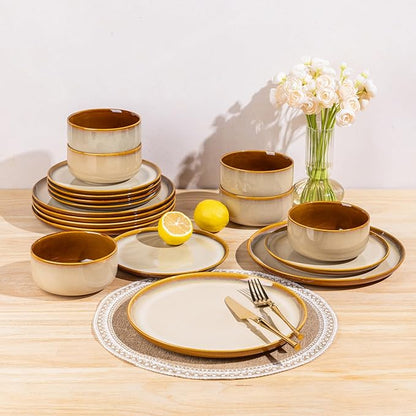 LERATIO Ceramic Dinnerware Sets for 4,16-PieceReactive Glaze Plates and Bowls Set with Mugs,Highly Chip and Crack Resistant | Dishwasher,Microwave & Oven Safe Dishes set-Kahki