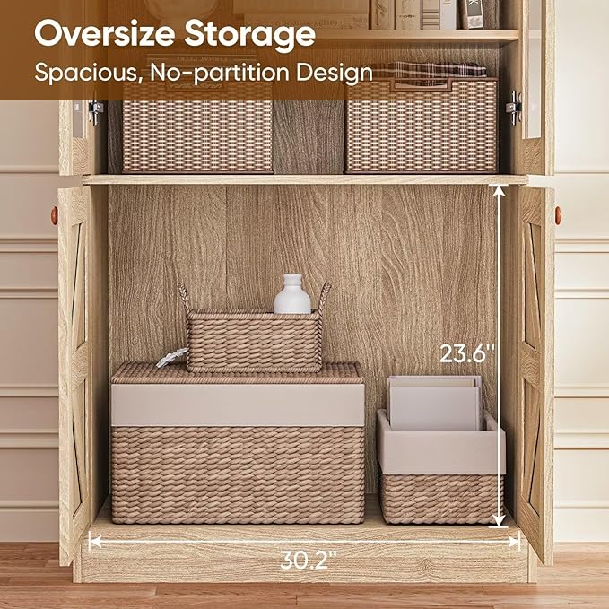 Vyre 71" Tall Farmhouse Bookshelves with Glass Doors, Large Modular Bookcase with Adjustable Shelves, Storage Cabinet for Living Room, Kitchen, Home Office, Brown