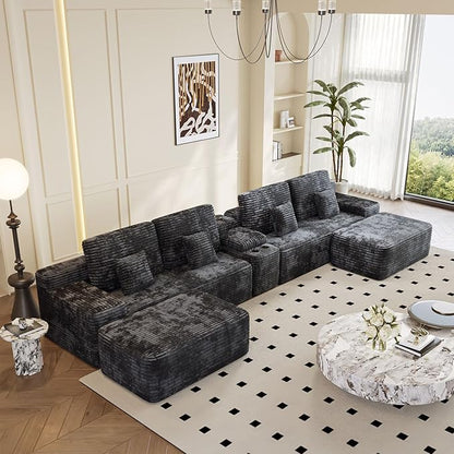 KEIKI 150" U-Shaped Oversized Corduroy Modular Sectional Sofa with 2 Ottomans and Multi Functional, 6-Seater Upholstered Couch, Easy Assembly, for Living Room, Black