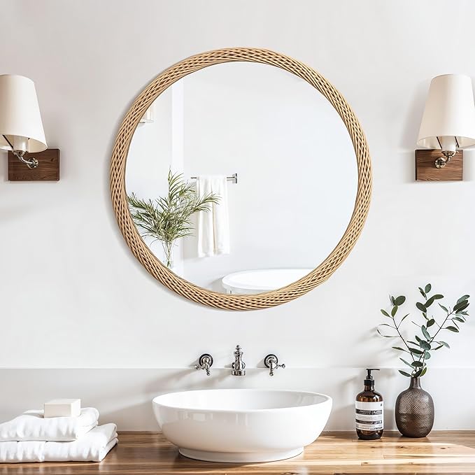 LuxenHome Rattan Bathroom Mirror, 30-Inch Large Bamboo Framed Round Wall Mirror, Rustic Farmhouse Handmade Accent for Bathroom, Bedroom, Entryway, Living Room, Nursery Home Decor Mirrors
